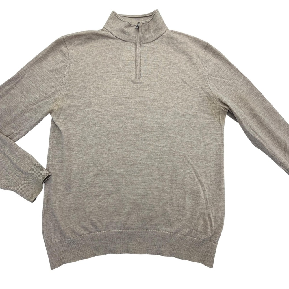 Reiss Sweater Mens L Beige Merino Wool 1/4 Zip Mock Neck Pullover Lightweight